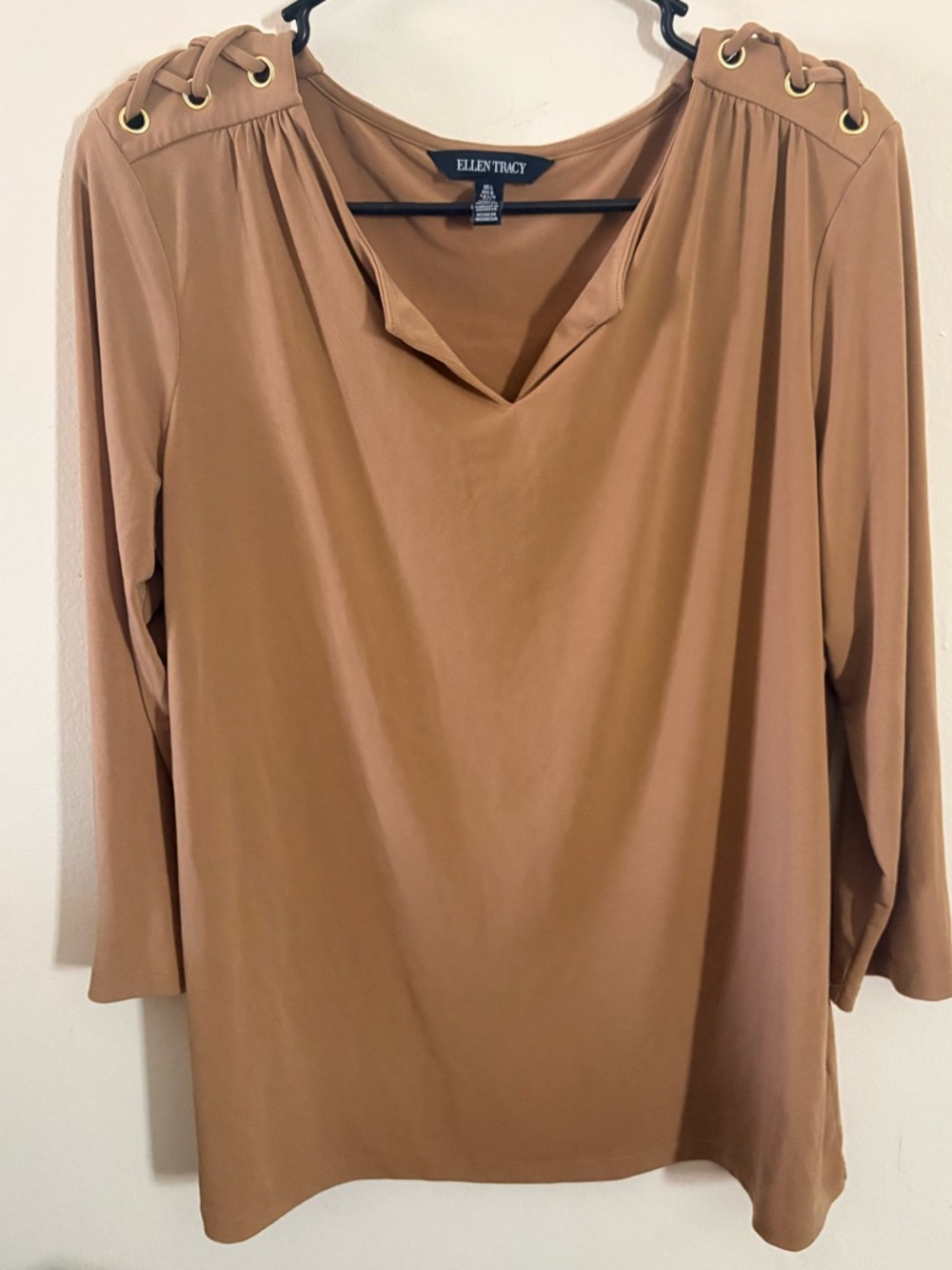Ellen Tracy Camel Tan Lace-Up Shoulder V-Neck Blouse